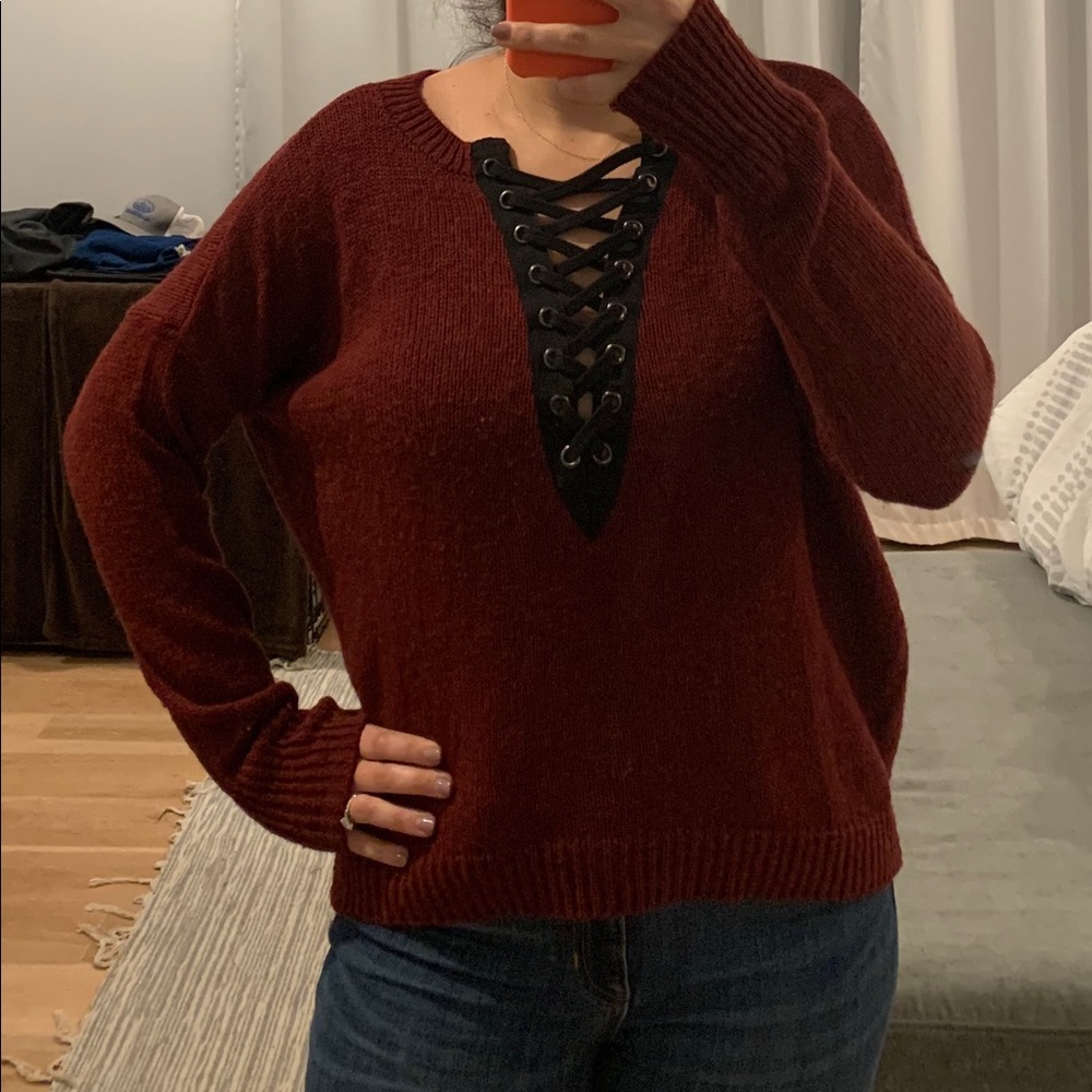 Burgundy lace up sweater